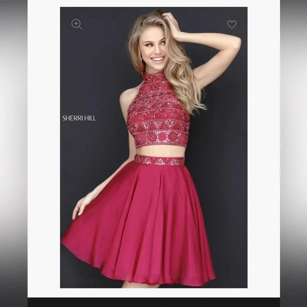 Sherri Hill Two-Piece Ruby Beaded Bodice & Organza Skirt - Size 0 - EUC